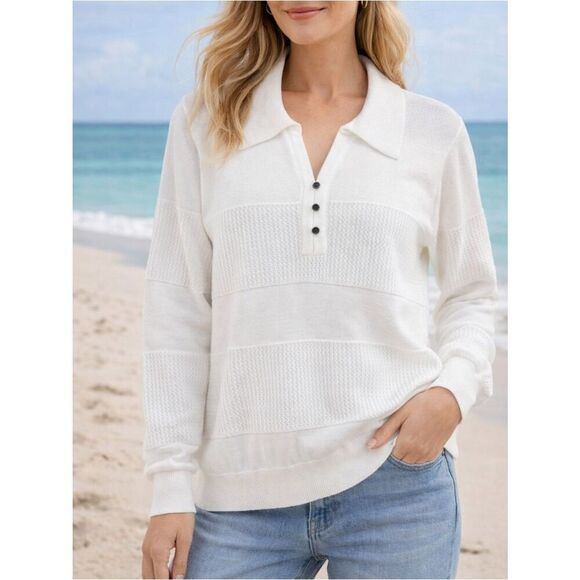 MARBLE Sweaters - Marble Fashions Scotland White Textured Cotton Collared Knit Sweater Pullover L